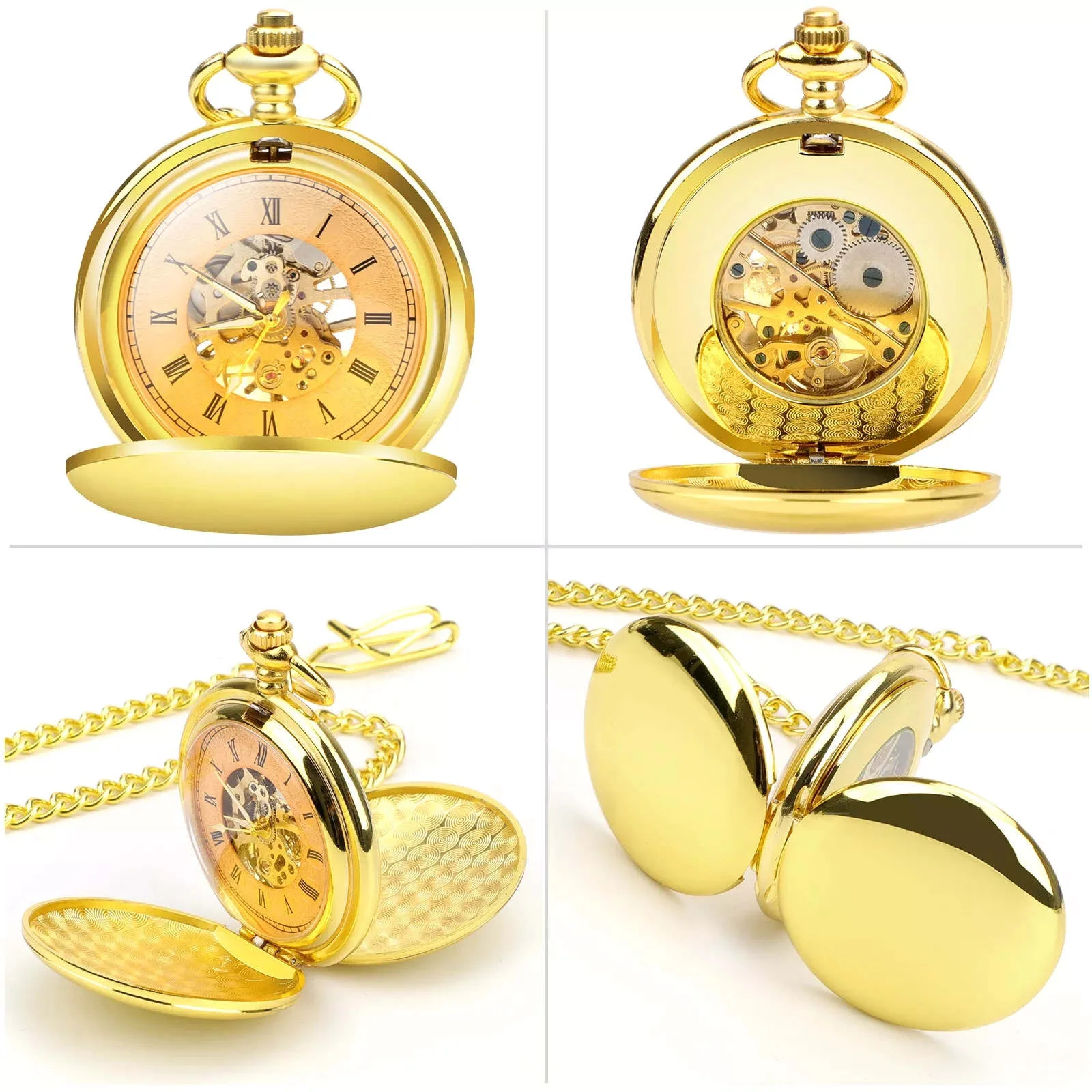 

Классические механические карманные часы с двойным циферблатом и ручным заводом, гладкая поверхность, полые римские цифры, мужские и женские механические карманные часы