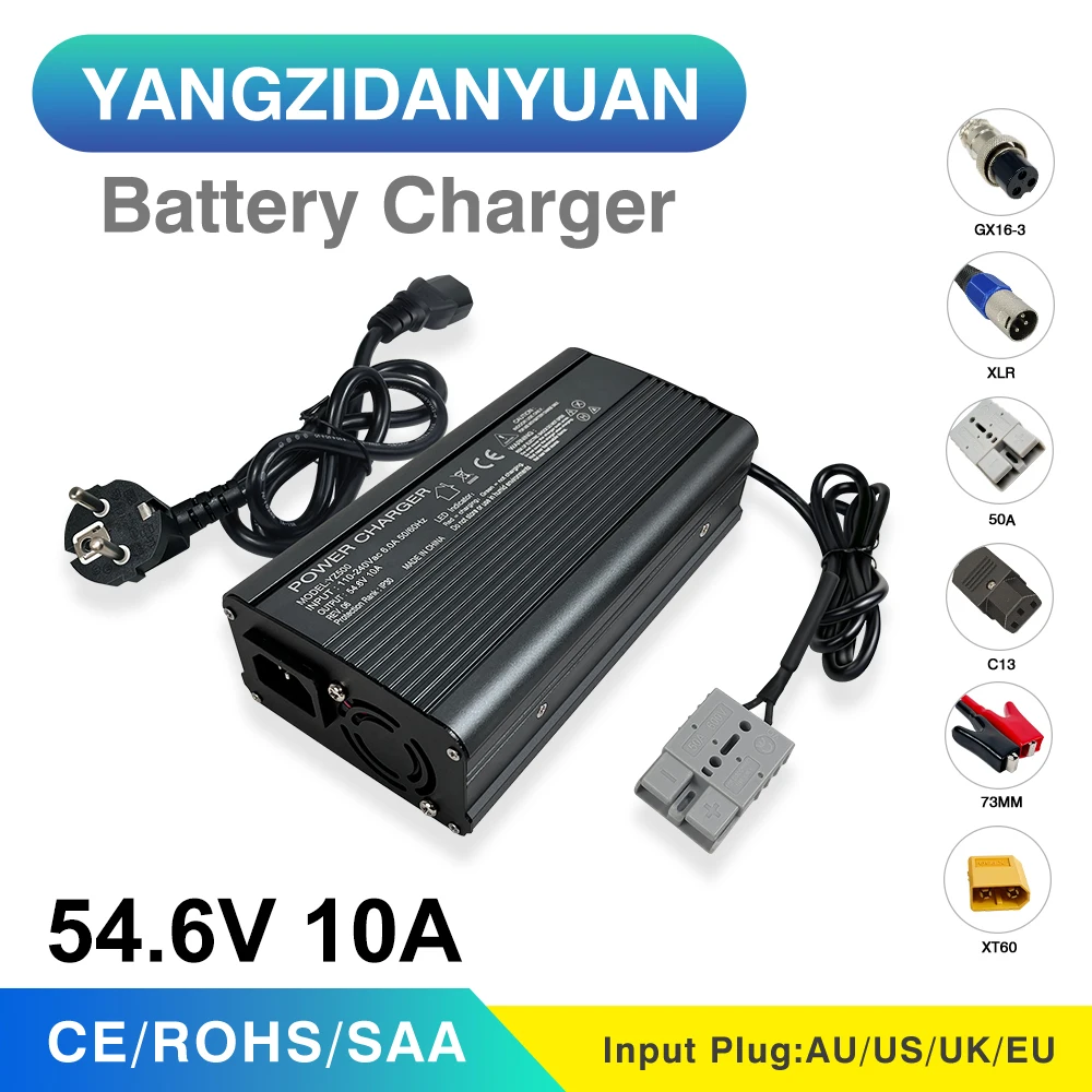 Pengisi daya baterai lithium 54.6V 10A 13S, bahan cangkang aluminium pengisian daya cepat untuk alat listrik sepeda tujuan umum dengan kipas