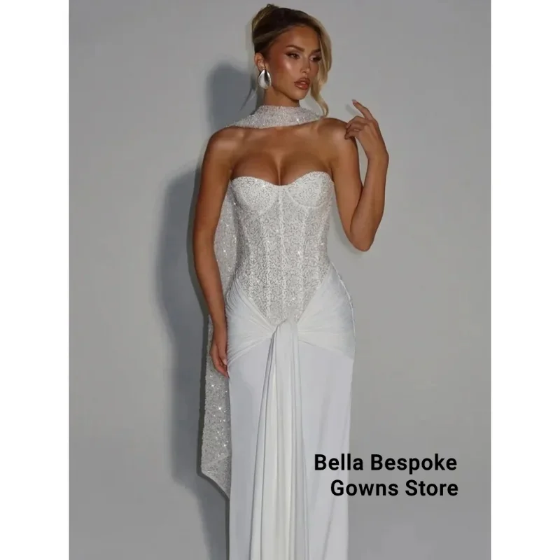 

Customized White Sequin Long Silk Scarves Prom Dresses Strapless Backless vestidos de festa 2025