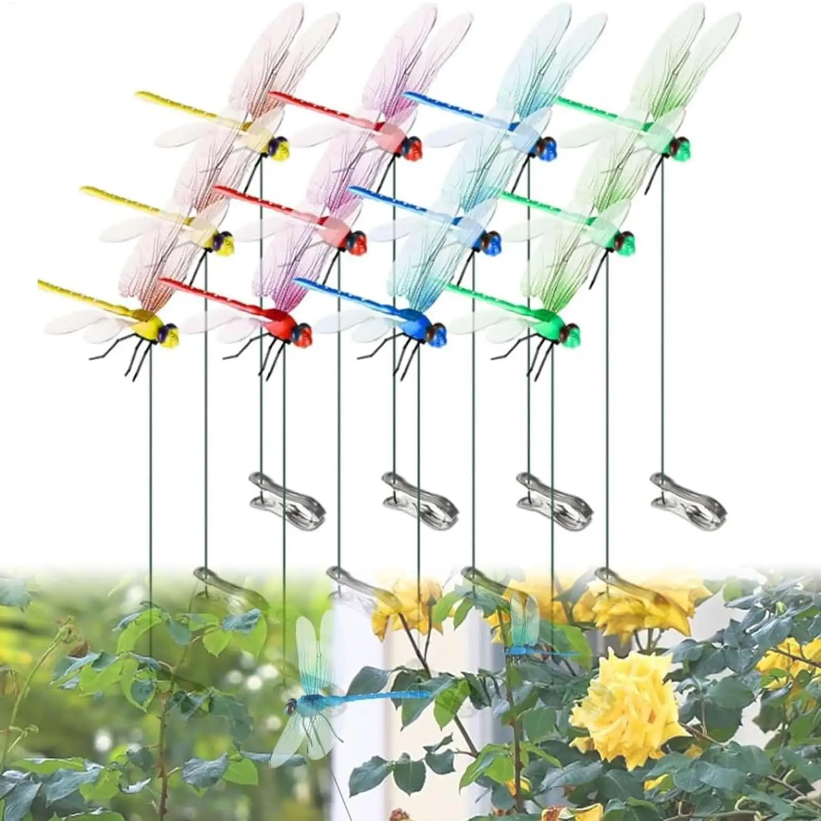 Clipe de libélulas falsas, 12 peças, clipes decorativos ao ar livre, conceito orgânico natural, jardim, estaca de libélula, decoração, acessórios de chapéu