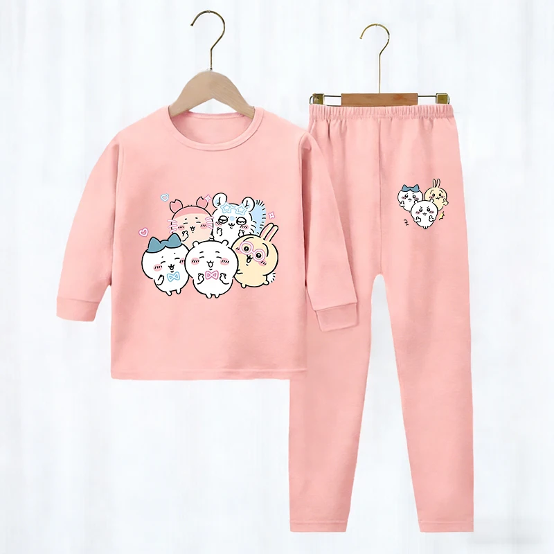 Cute Chiikawas Children Pajamas 2pcs Set Cartoon Print Girl Boy Long Sleeve Sleepwear Spring Autumn Warm Pajama Home Tops Pants