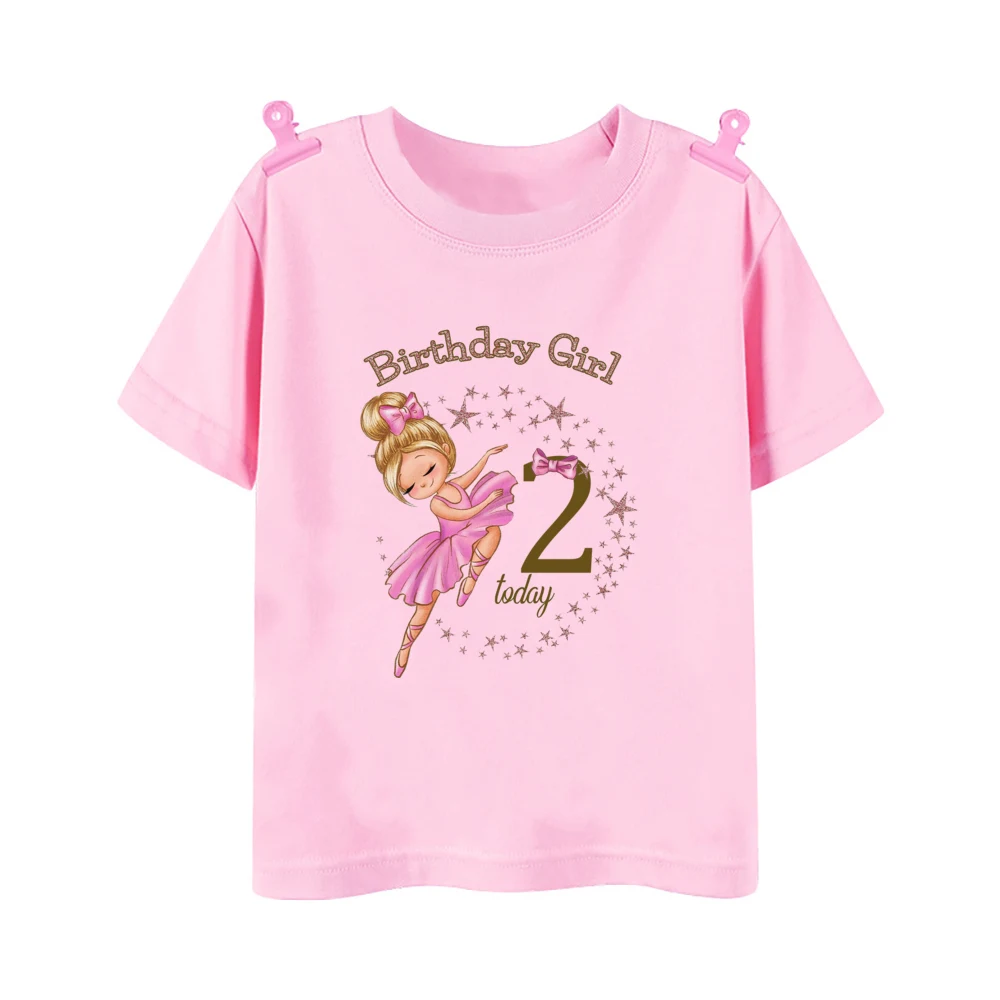 Ballerina Printed Girls T-shirt 1-9 Year Birthday Shirt Girl Party Outfit Tops Kids Short Sleeve Tshirt Toddler Birthday Clothes