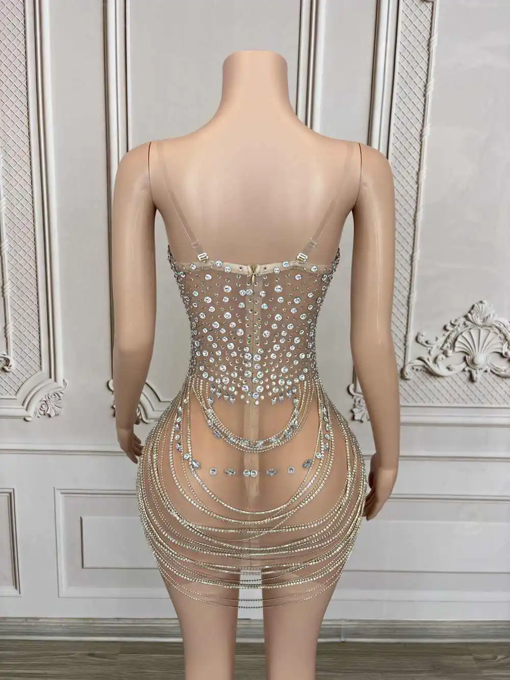 Błyszczące cyrkonie Łańcuchy Krótka sukienka dla kobiet Seksowna siateczka Przezroczysta wieczorowa impreza Prom Sukienka urodzinowa Strój do sesji zdjęciowej