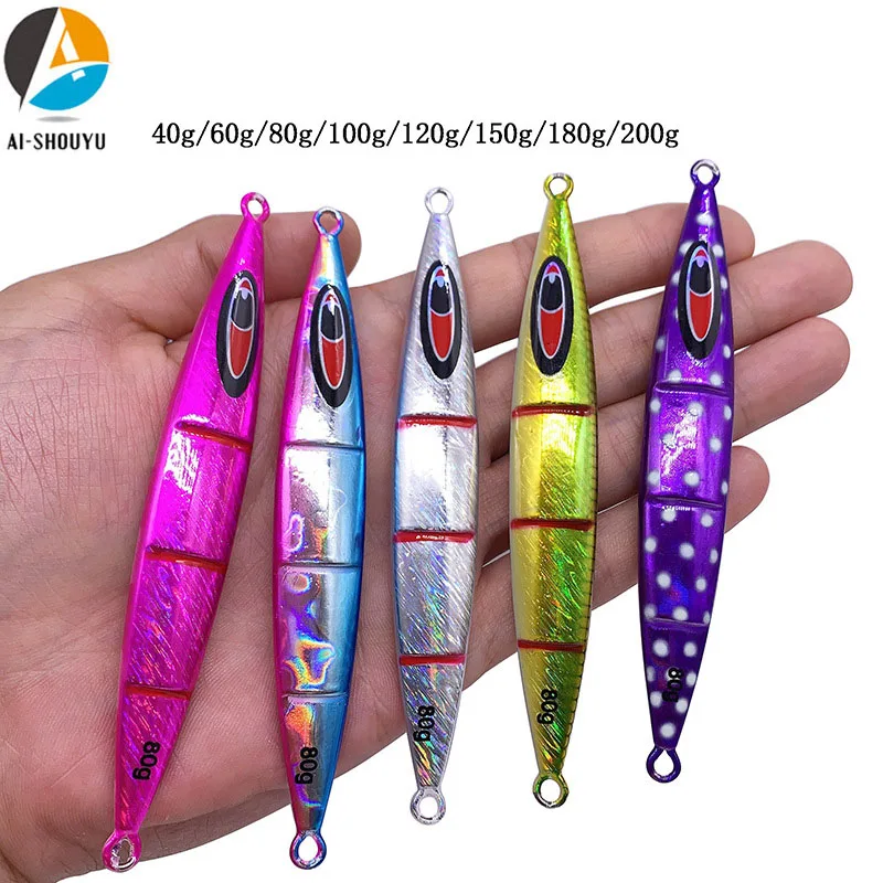 AI-SHOUYU New Metal Fishing Lure Laser Slow Jigging Spoon Lure 40-150g Lead Fish Sea Bass Artificial Boat Fishing Bait Hard Lure