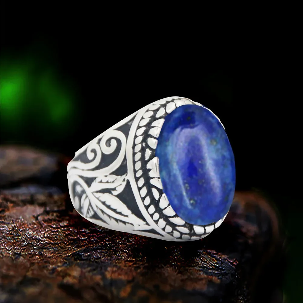 Oval Lapis Lazuli Stainless Steel Rings Natural Stone Leaf Plant Vintage Fashion Jewelry TR730