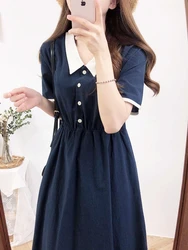 Temperament Lady Dresses Woman Basic Wear Slim Waist Patchwork Navy Blue Cute Girls Sweet Vintage Dres Cotton 8201