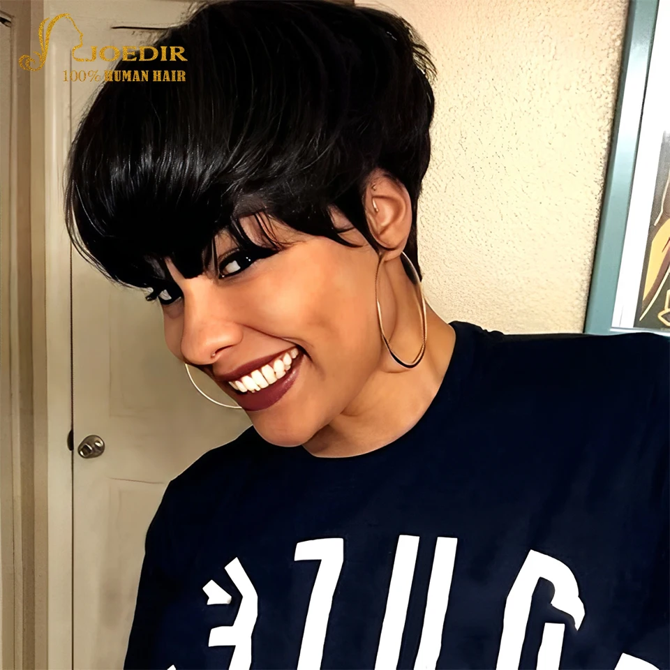 

Lekker Natural Black Short Pixie Cut 100% Human Hair Wigs With Bangs For Women Brazilian Remy Hair Straight Bob Wear to go Wigs