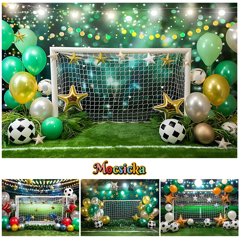 

Mocsicka Photography Background Green Football Stadium Balloon Decor Cake Smash Kids Birthday Party Backdrop Photo Studio