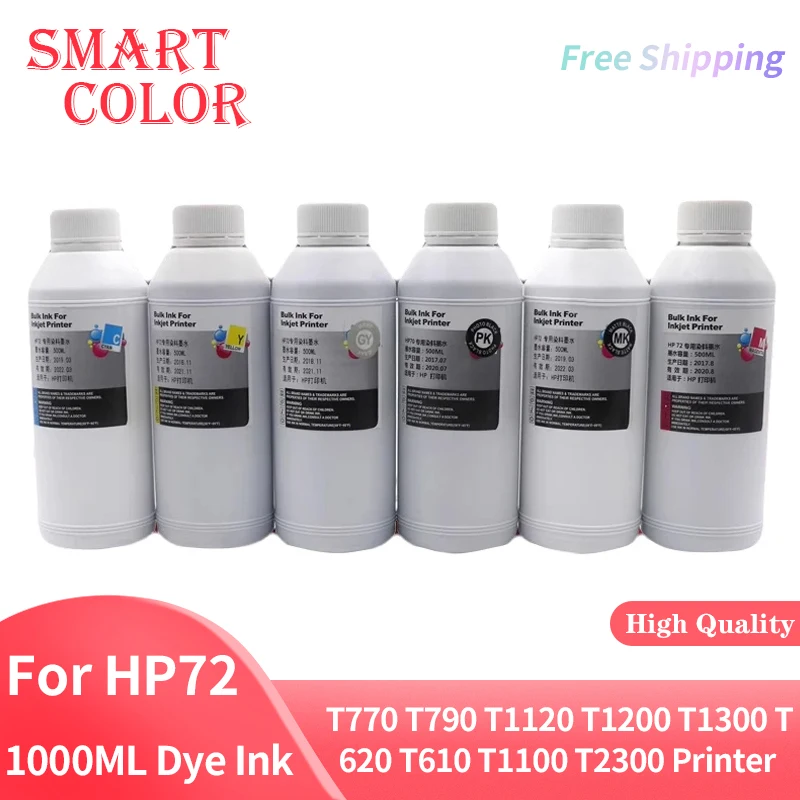 1000ML Dye Ink for HP 72 Ink Cartridge for HP Designjet T770 T790 T1120 T1200 T1300 T620 T610 T1100 T2300 Printer Dye Ink hp72