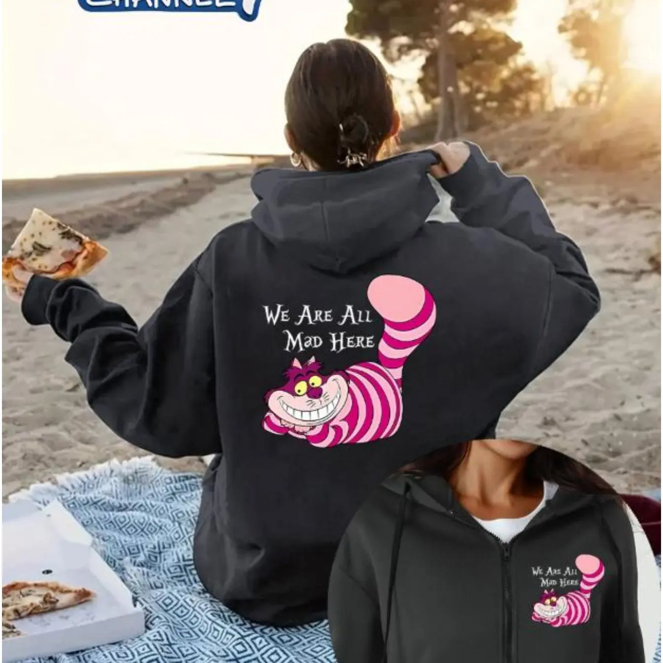 Nourriture d'anniversaire magique Disney pour femme - Chat Chasha "We Are All Mad Here", sweat-shirt à fermeture éclair, tenue décontracté pour les fans de la Fête et de Disney