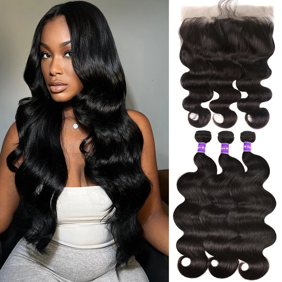 

Body Wave Bundles With Frontal Human Hair Bundles 30 Inch Brazilian Weaving Virgin Hair Extensions 13x4 HD Frontal With Bundles