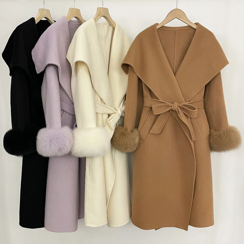 Elegant Woolen Coat Women's Big Collar Wool Coat Real Fox Fur Cuffs Autumn Winter Coats for Woman Winter Woolen Jacket Women