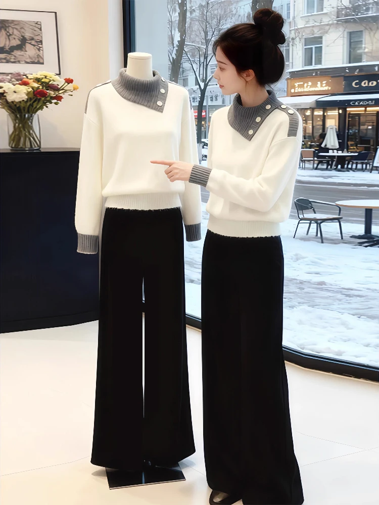 

Корейский вязаный свитер и повседневные брюки: комплект из двух предметов, антивозрастной зимний модный ансамбль в стиле Шанель с высокой талией