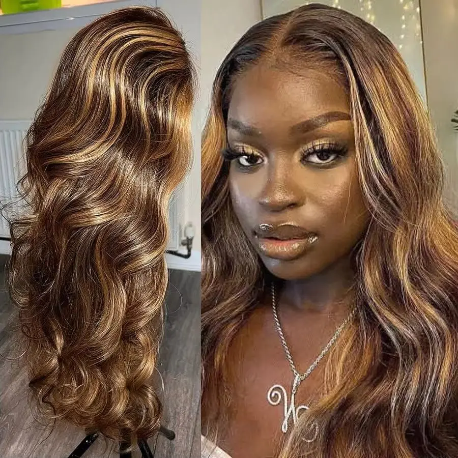 36 Inches 200% Density 13x6 13x4 HD Transparent Lace Frontal Wig Piano Color Highlight Human Hair Wigs P4/27 Body Wave Pre Plucked Brazilian Hair For Women