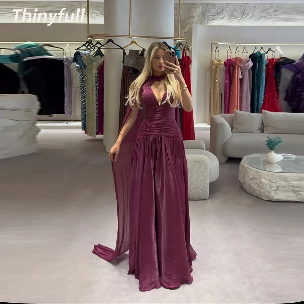 

Thinyfull A-line Arab Prom Dresses V-neck Shiny Satin Sleeveless Evening Gown Dubai Long Formal Dress robes de soirée Customized