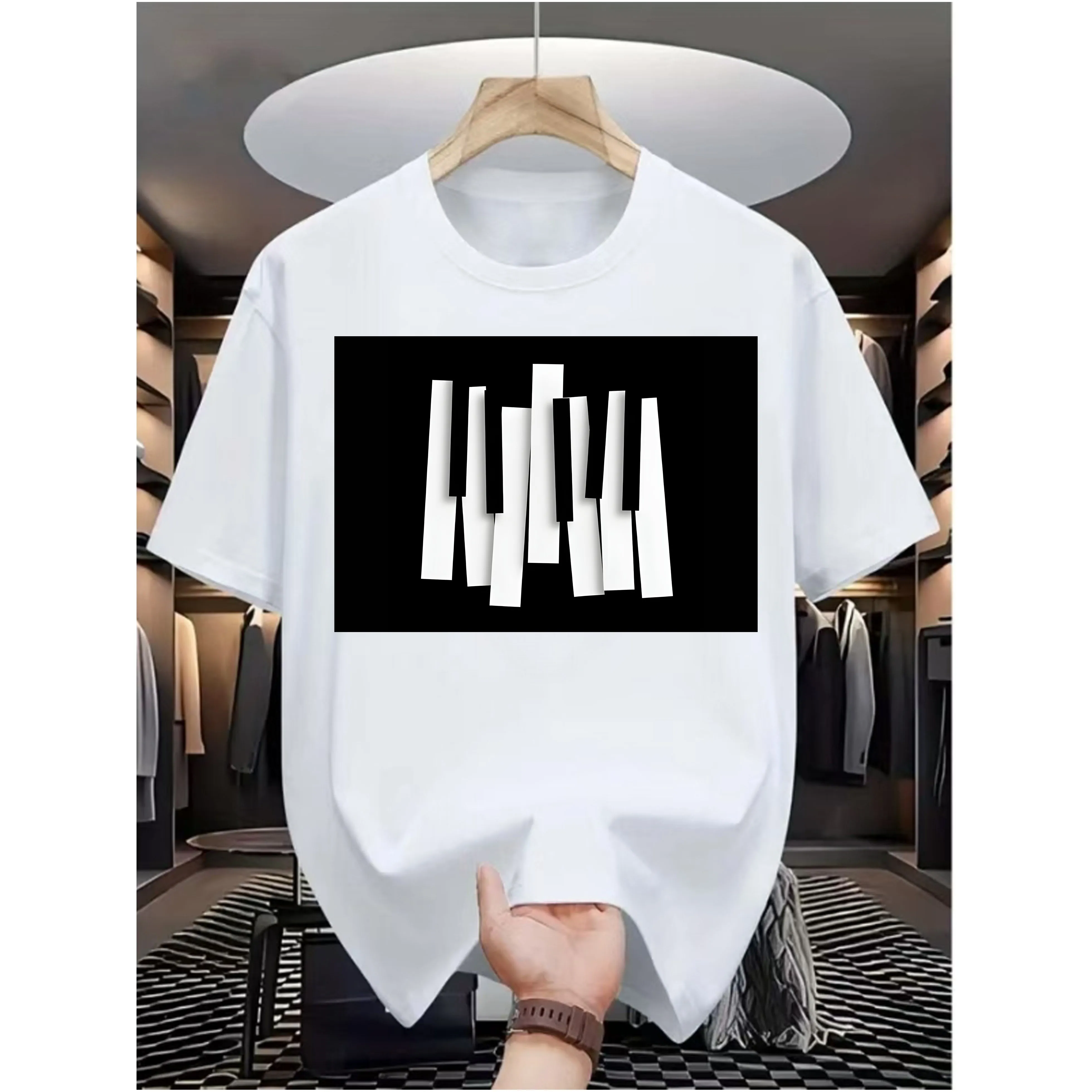 Piano Keyboard Graphic Tee Men's Casual Round Neck Short Sleeve Breathable T-Shirt Daily Wear