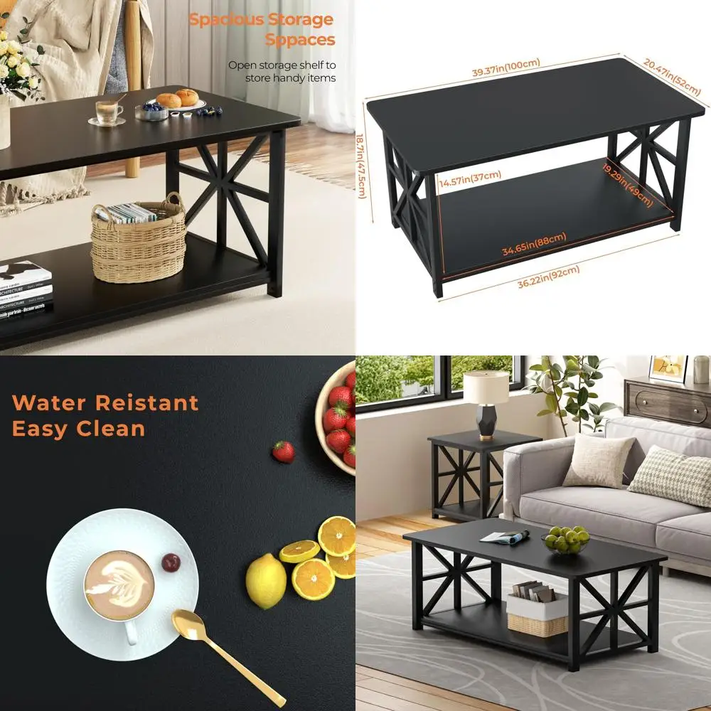 

Round Coffee Table with 2-Tier Storage, 39 Black for Living Room