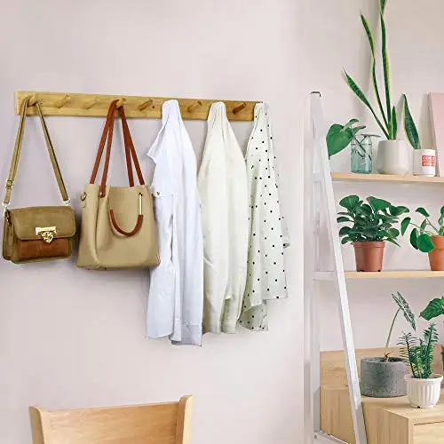 

Natural Wood Wall Hook Rack With Ten Pegs, 38 Inch Long Hanging Rail For Coats, Jackets, Hats And Bags