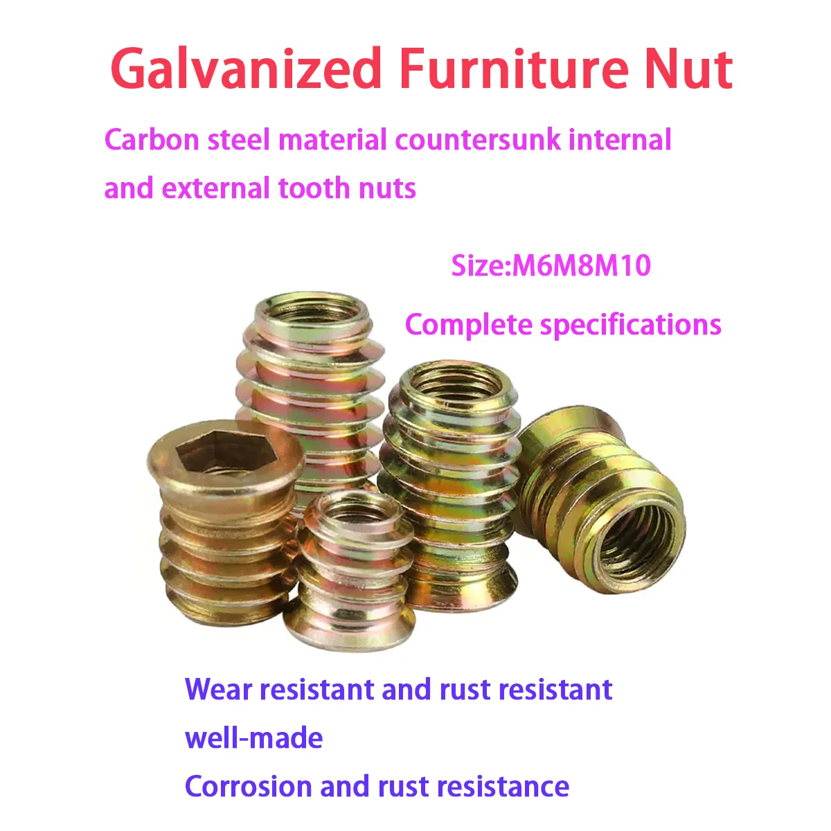 

M6M8M10 Furniture Nut Carbon Steel Hexagon Socket Drive Head Threaded Embedded Insert Nut for Wood Bed Cabinet Table Furniture