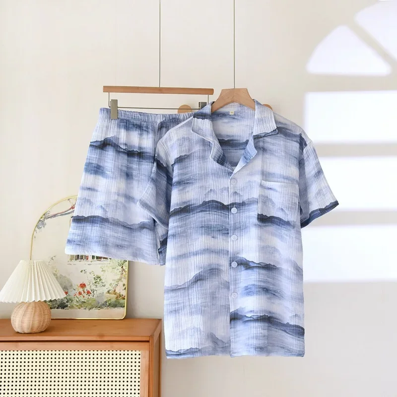 Men's Pure Cotton Gauze Pajamas Short-sleeved Shorts Summer Thin Loungewear Set Turn-down Collar Glacier Print Pijamas