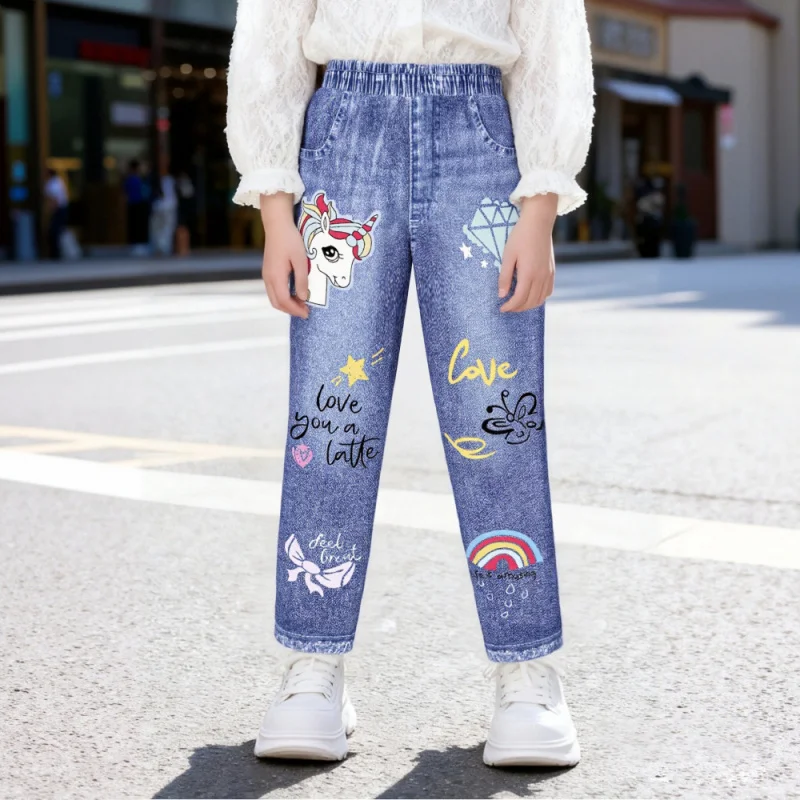 

2025 Girls Cute Cartoon Imitation Jeans - Casual Everyday Style - Unicorn and Rainbow Prints for Fantastic Charm!
