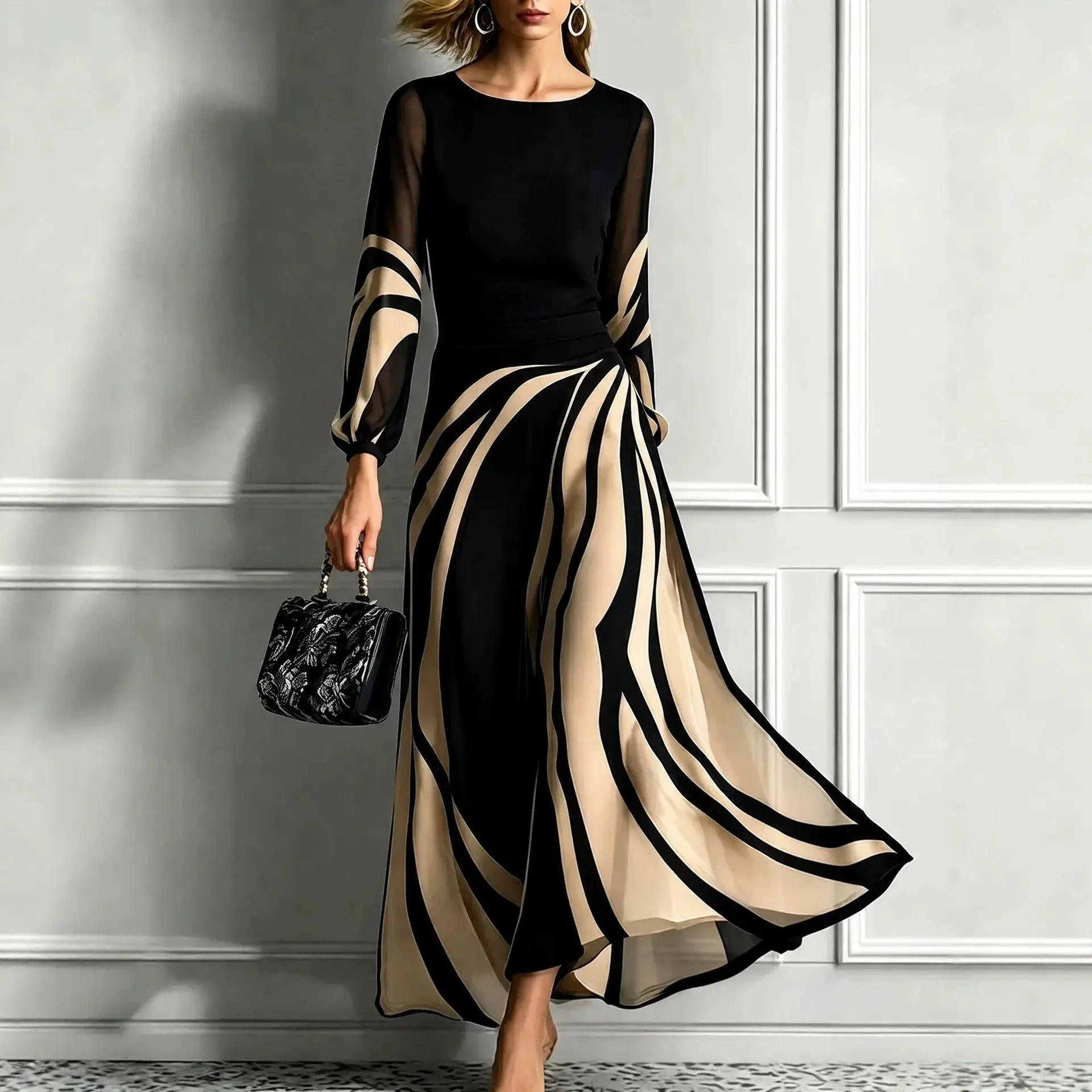 Women Color Block Striped Maxi Dress Round Neck Patchwork Chffion Mesh Long Sleeve Flowy A-Line Dress Vintage Chic Holiday Dress
