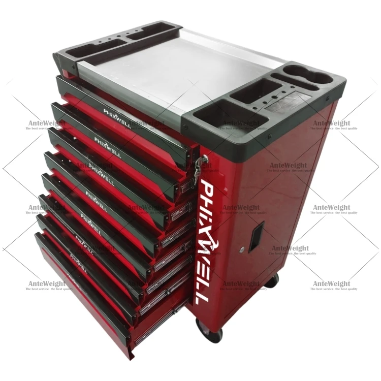 Metal Workshop Garage Trolley Tool Cabinet Chest Cart 8 Drawers with Tool Set Kit DIY Tray Stainless Steel Top