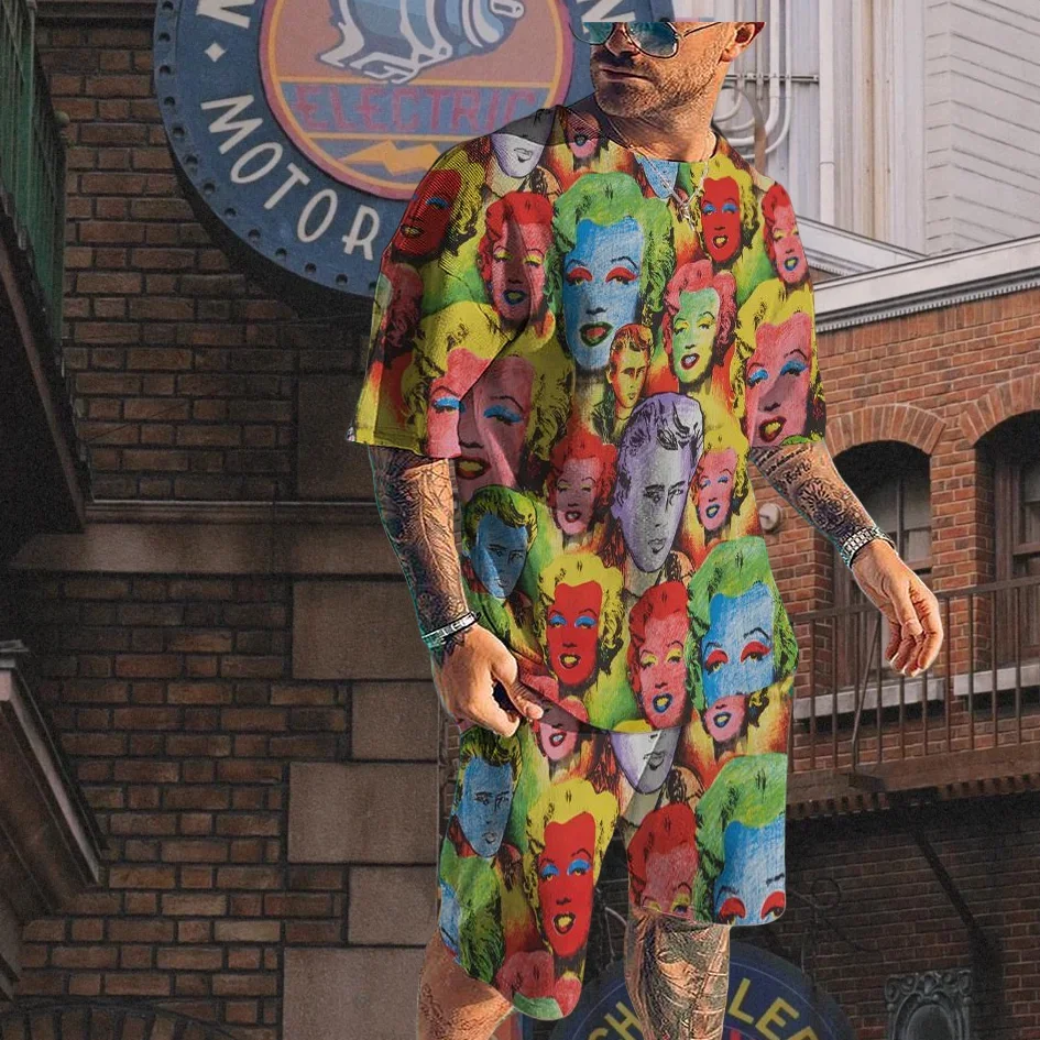 

Лето 2022, горячая распродажа, мужские уличные шорты с короткими рукавами и цветным принтом, повседневные удобные простые модные спортивные комплекты из двух предметов