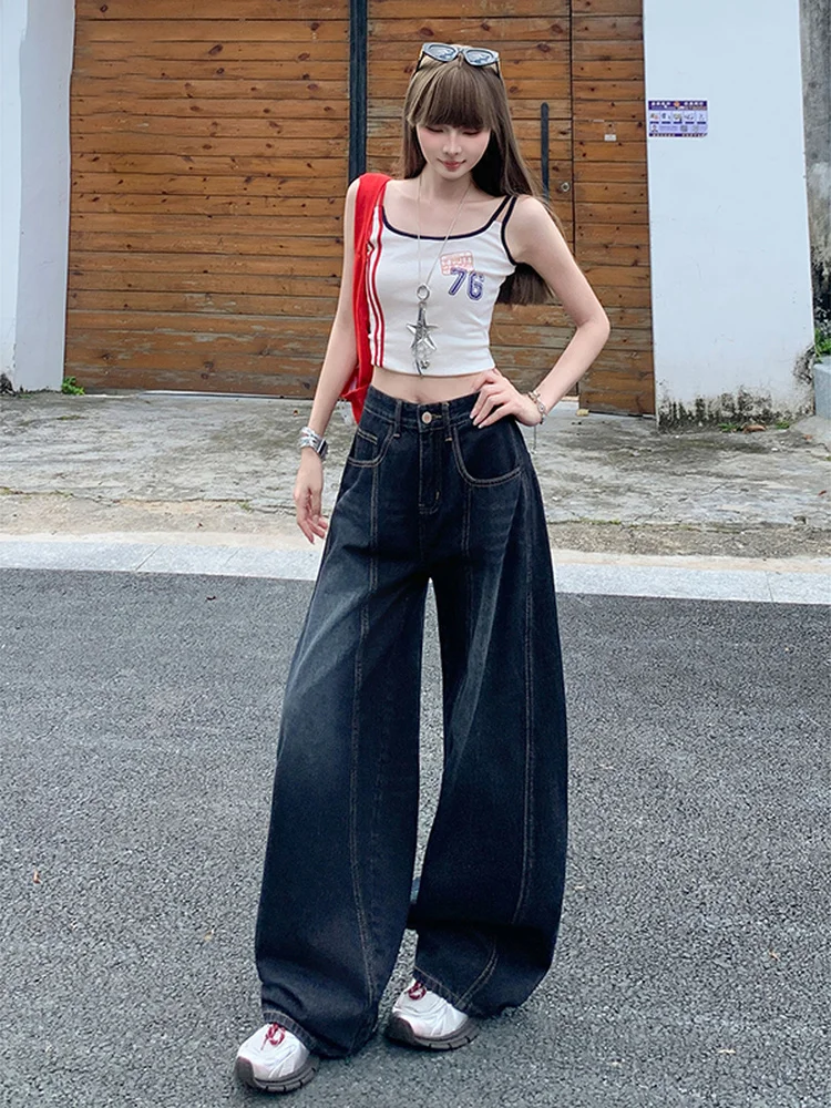 Design Sensation Color Collision Embroidered Letter Wide Leg Jeans Women's Autumn Winter Spicy Girl Washed out Long Pants