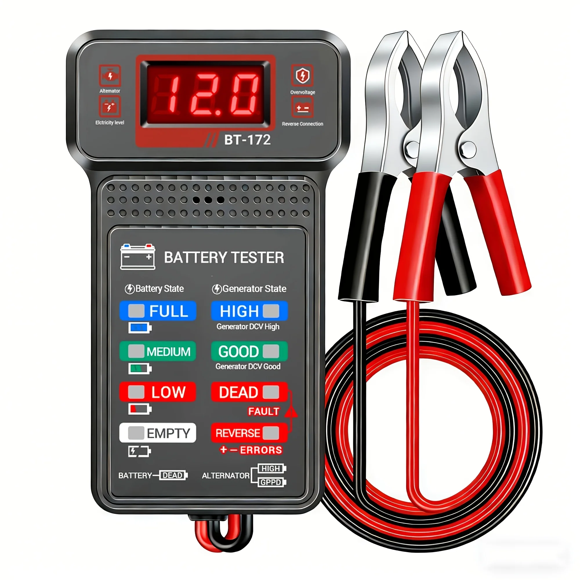 BT-172 12V Digital Battery Tester Car Battery Indicator with Alligator Clips LED BatteDigital Display Alligator Clips Tool