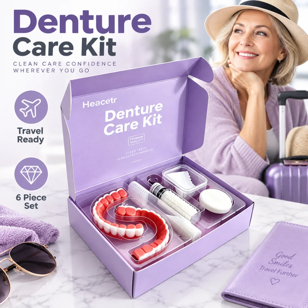Portable Denture Care Set 6 Piece Travel Storage Organizer with Cleaning Brush Cloth Case for Daily Dental Appliance Care Kit