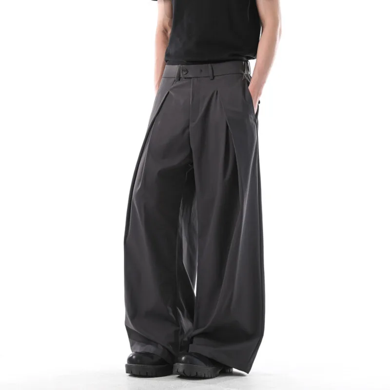 

Мужской костюмный брюки в корейском стиле, однотонный плиссированный дизайн, широкая мужская одежда, прямые брюки, мужская нижняя часть, лето