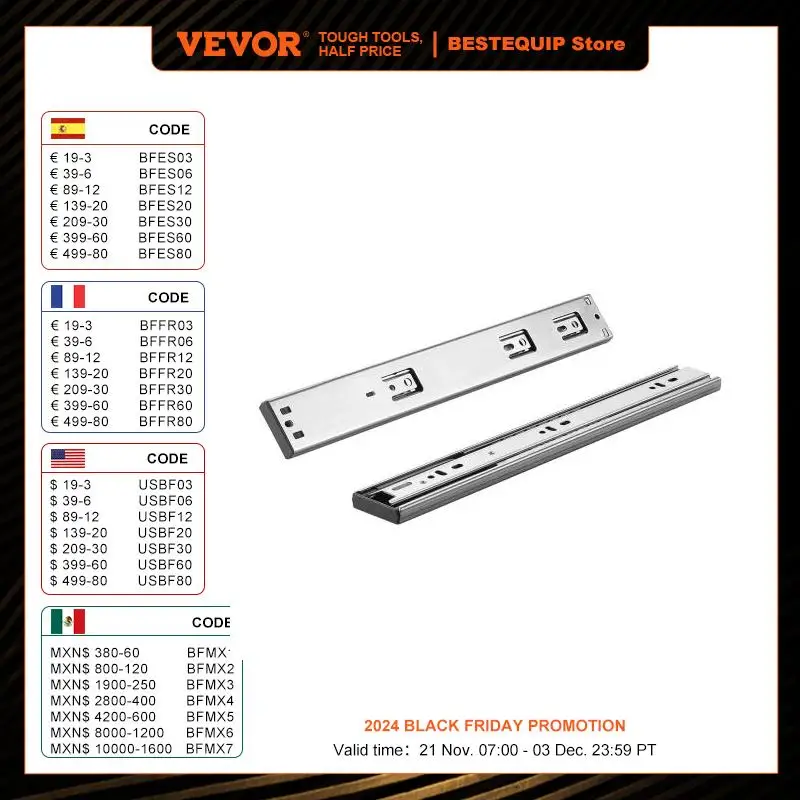 VEVOR Drawer Slides Side Mount Rails Heavy Duty Full Extension Steel Track Noiseless Guide Glides Cabinet 100 Lbs Load Capacity