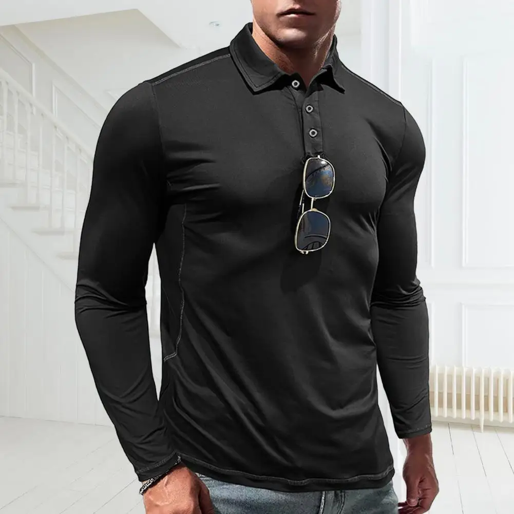 Men Spring Fall Shirt Buttoned Turn-down Collar Long Sleeves Slim Fit Quick Dry Pullover Thin Fitness Outdoor Training Top