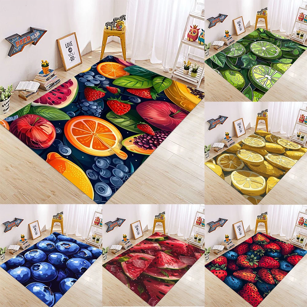 Fruit Themed Carpet With Vivid Fruit Patterns Strawberry Blueberry Lemon Colorful Cartoon Style NonSlip Rug For Kids Room