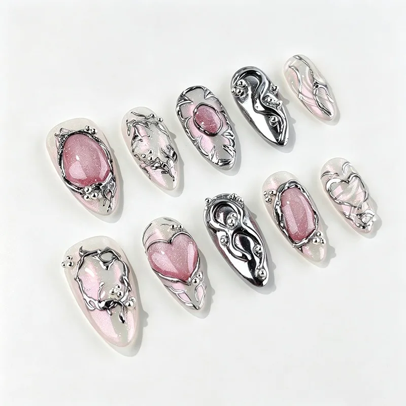 10PCS Y2k Pink Cat Eye Almond Handmade Press on Nails Sweet Cool 3D Silver Metal Frame Heart Gem Nail Tips Wearable Full Cover