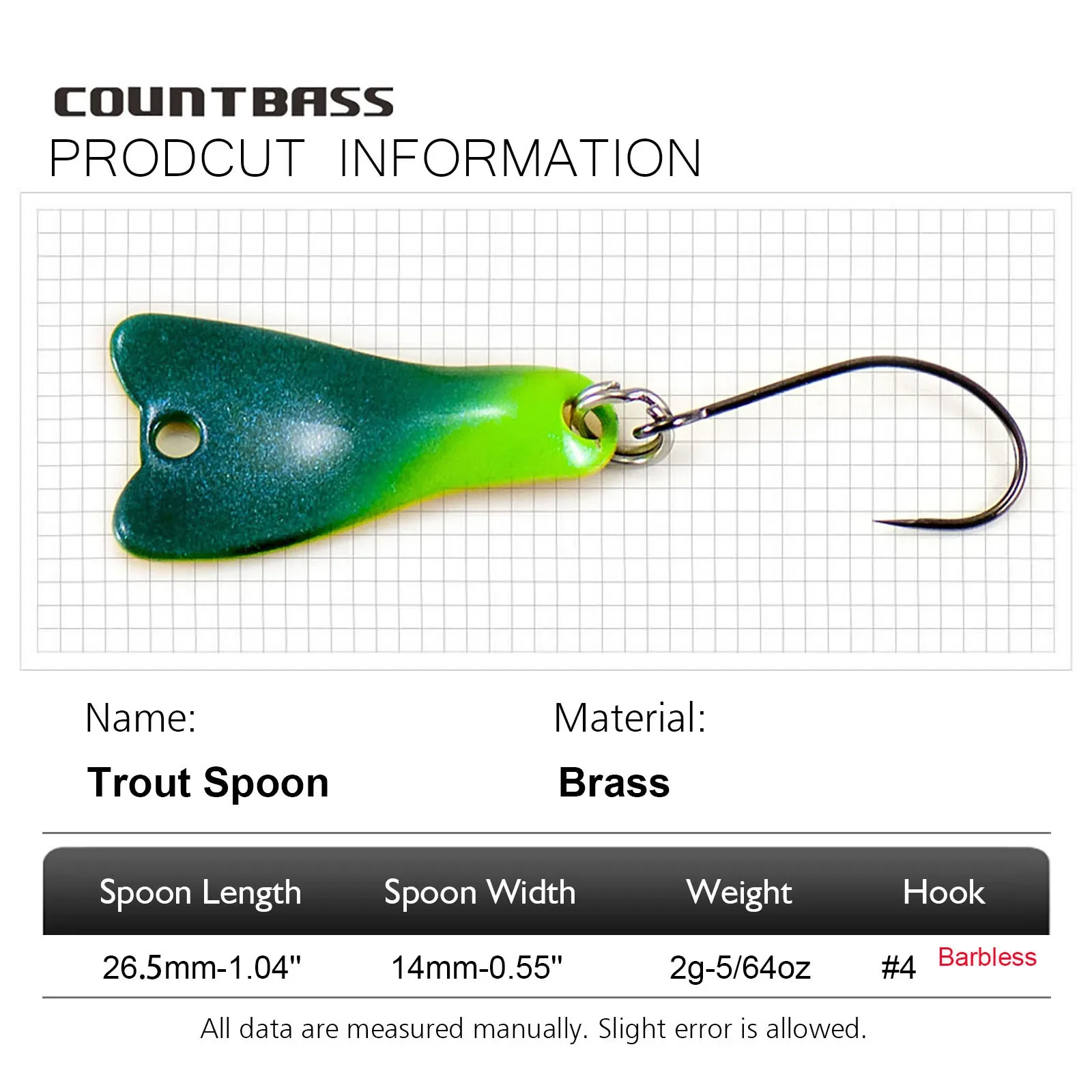 COUNTBASS 5/64oz 2g Casting Spoon With Barbless Hook UV Colors Trout Fishing Baits Pike Angler\'s Lures