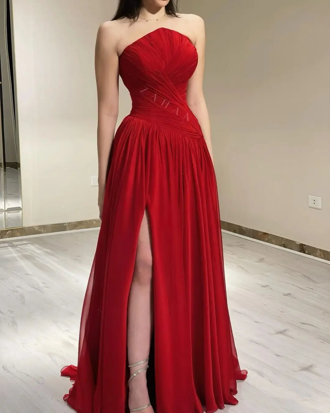 Fashionvane Sexy Strapless Prom Dresses 2024 Ruched Long Side Slit Chiffon Evening Dress for Saudi Arabia Women Wear Vestidos