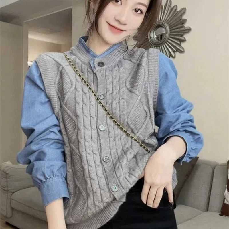 New Fashion Style Slimming Versatile Top Denim Shirt Patchwork Fake Two-piece Knitted Sweater for Women