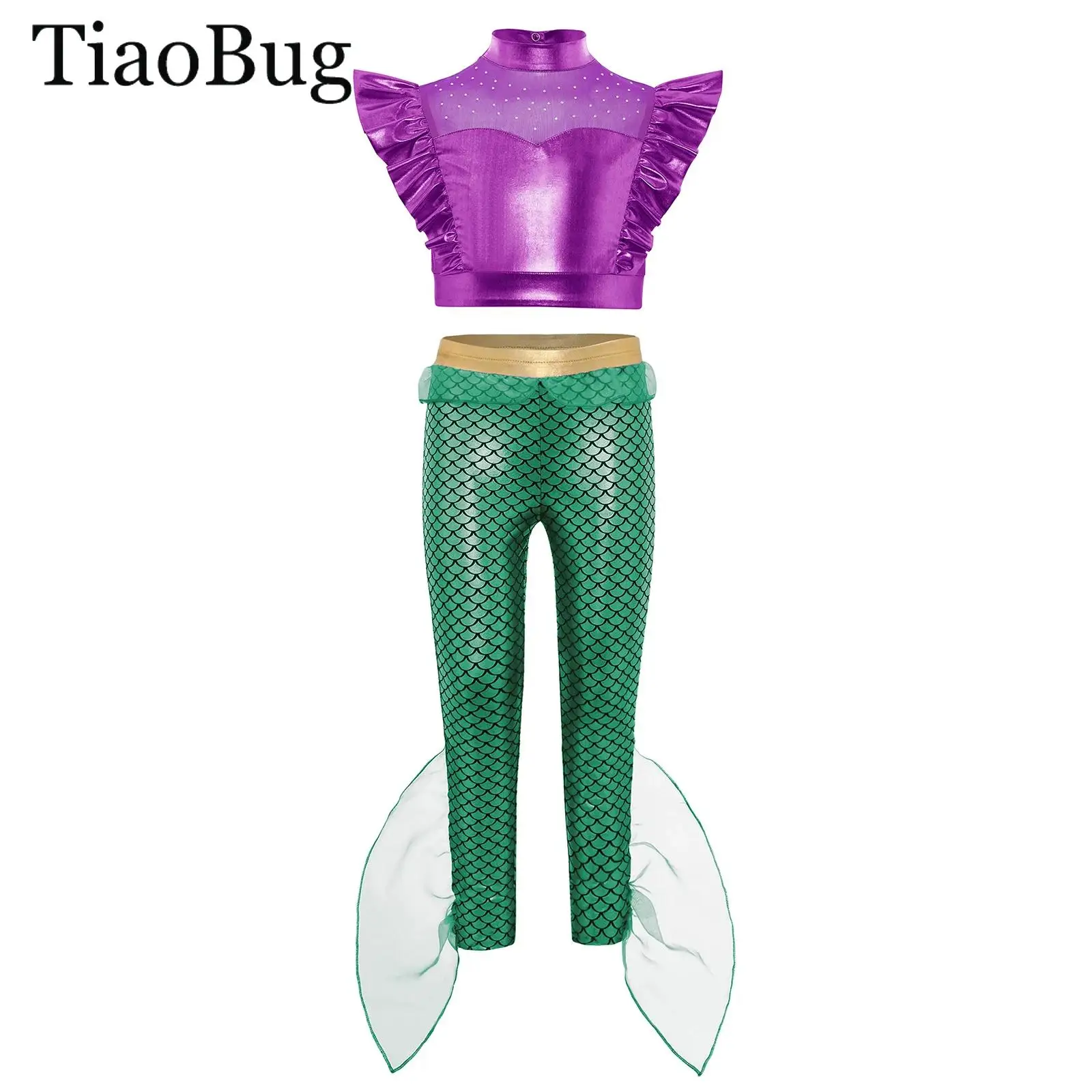

Girls Mermaid Cosplay Costume Outfits Rhinestone Sleeveless Ruffle Metallic Tank Crop Tops +Fish Scales Pants Cosplay Beachwear