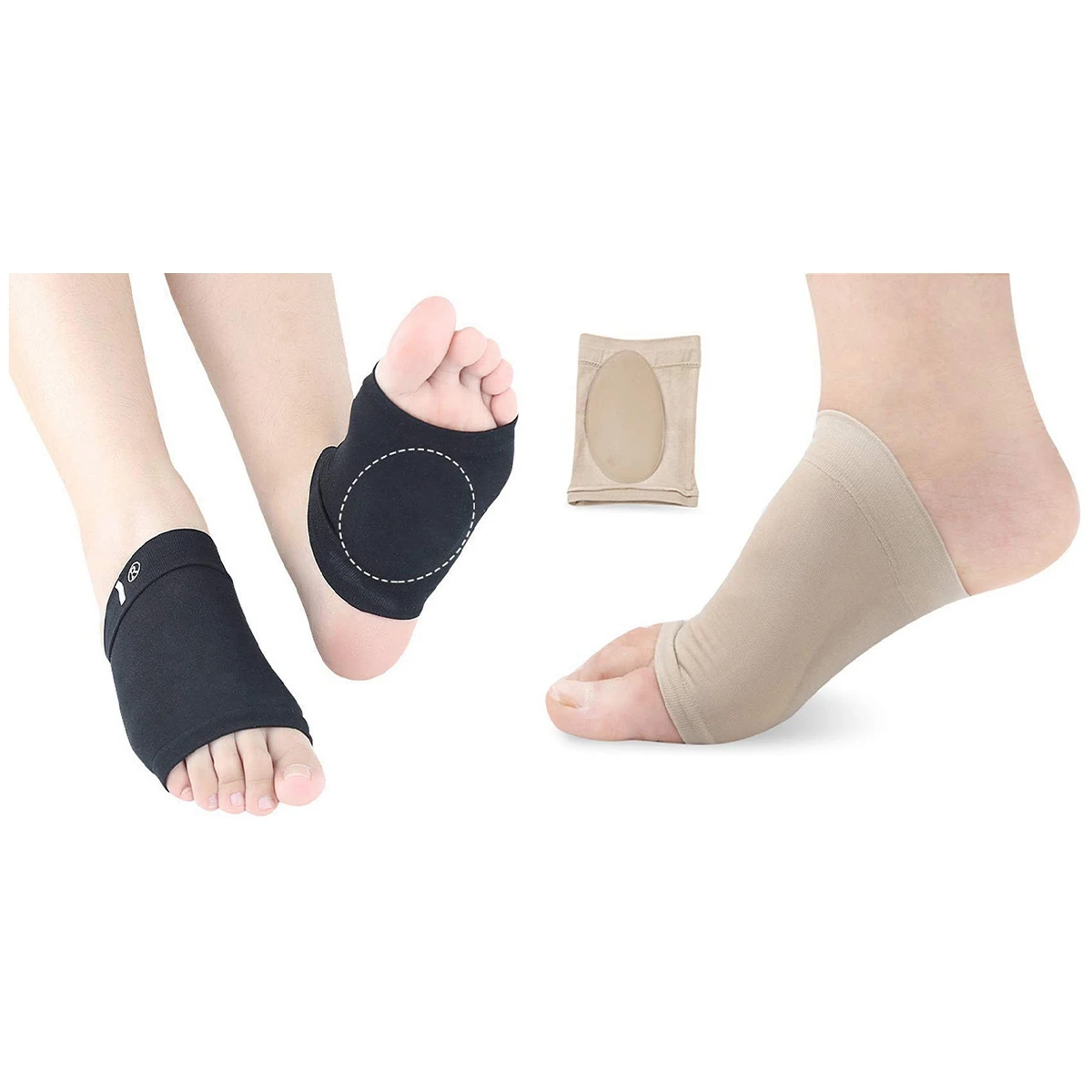 

A61I 2 Pcs Compression Arch Support With Comfort Gel Pad,Arch Brace For Flat Feet Cushions Skin Color & Black
