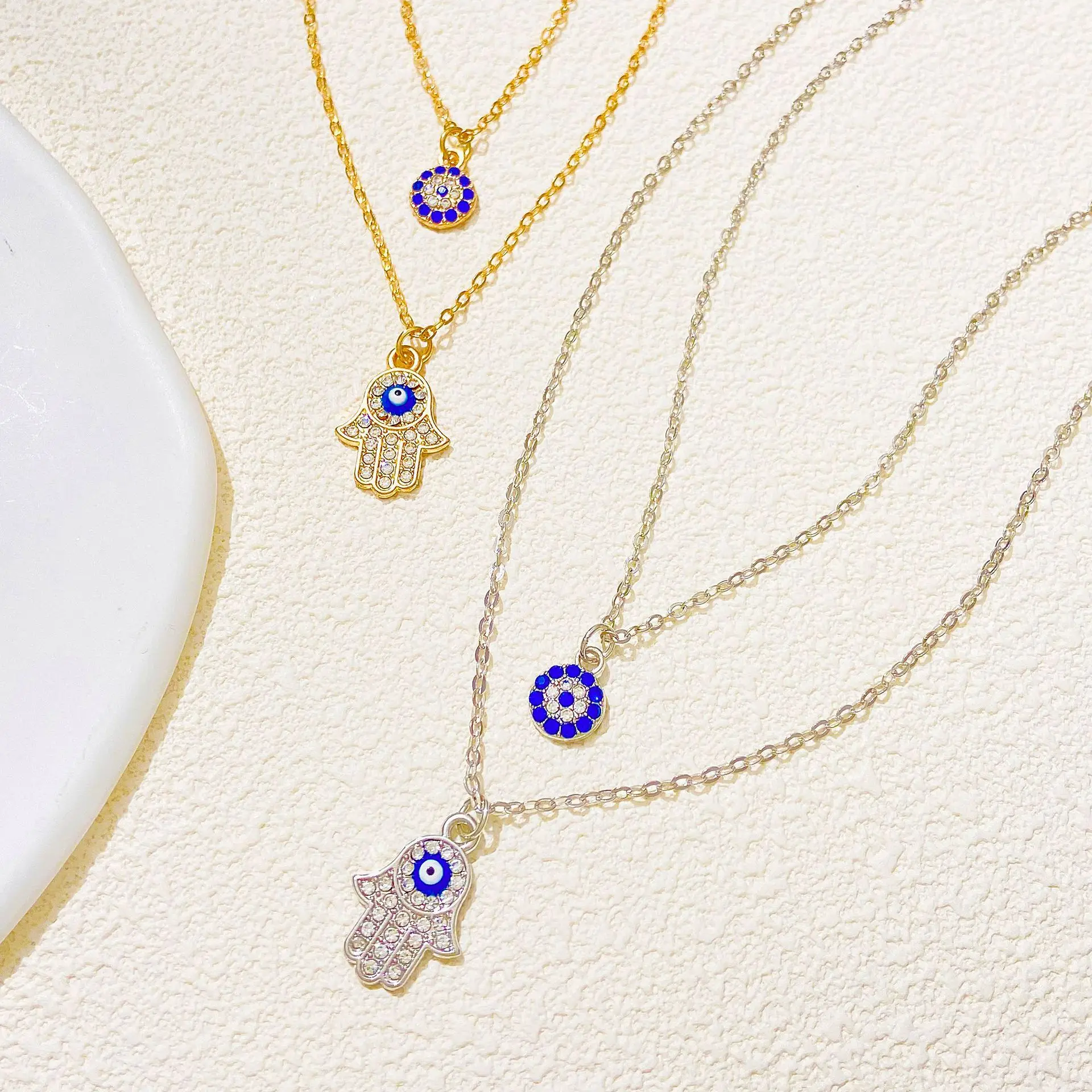 محظوظ الأزرق عيون متعددة الطبقات القلائد الكلاسيكية هاماس اليد الصليب قلادة كولير جولة التركية المسيح مجوهرات هدية للرجال النساء