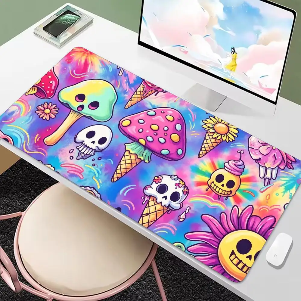 Cute Doodle Mushroom Skull Rainbow XXL Mouse Pad Non Slip Rubber Base HD Print Large Desk Mat for Kawaii Computer Office