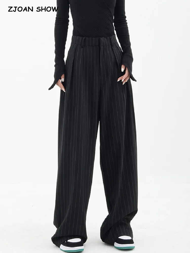 Y2K Vintage Black White Striped High Waist Wide Leg Pants Women Ruched Front Long Loose Korean Trousers Full Length Bottom