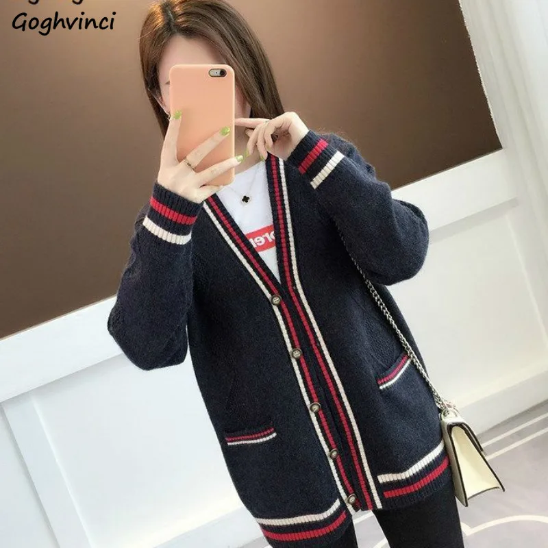 

Cardigan Women Patchwork V-neck Retro Students Single Breasted Ulzzang All-match Outwear All-match 3XL Popular Leisure Loose BF