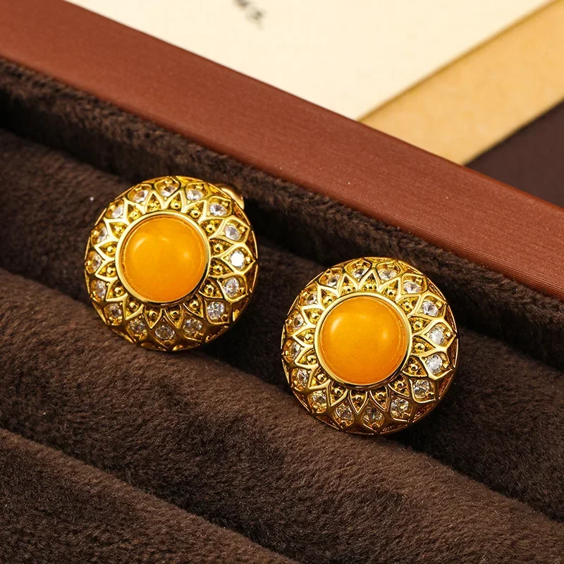 Natural stone round retro high-end sense light luxury temperament female stud earrings