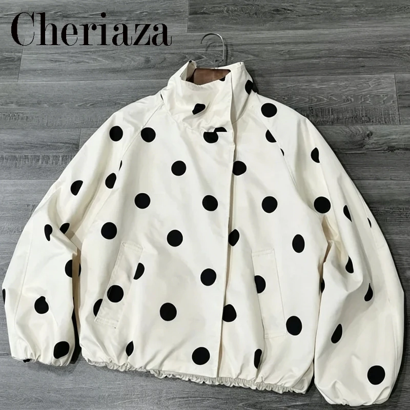 Women's Oversize Vintage Polka Dot Bomber Jacket with Pockets