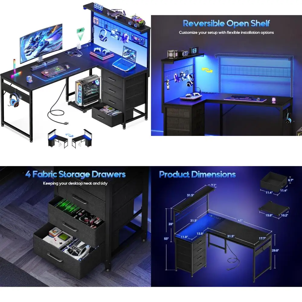 

L-Shaped Gaming Desk with Shelf and 4 Drawers, LED Lighted 43 Reversible Computer Desk for Home Office