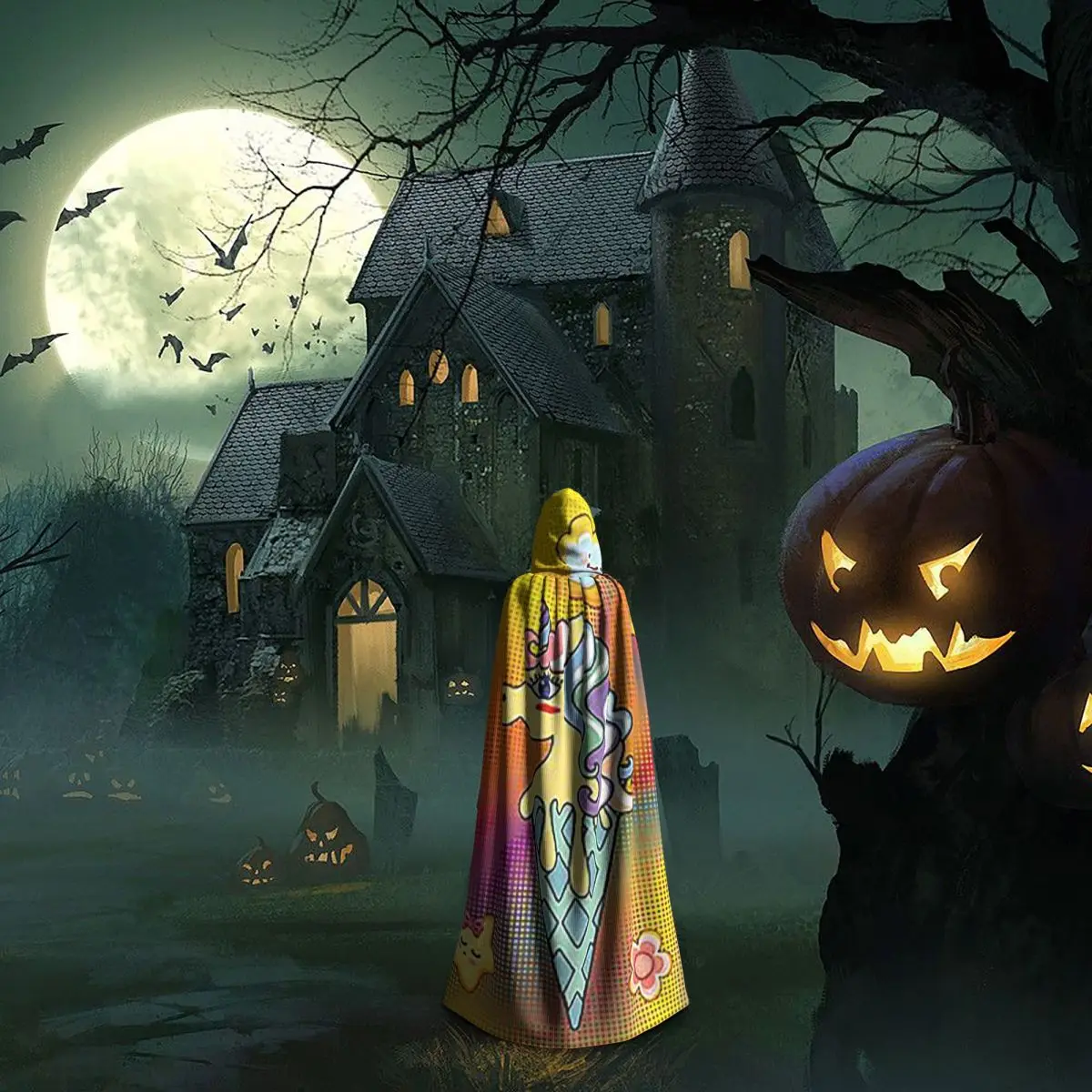 Ice Cream Unicorn Long Hooded Cloak Witch Medieval Costume Cosplay Cape HalloweenVampire Adult Unisex