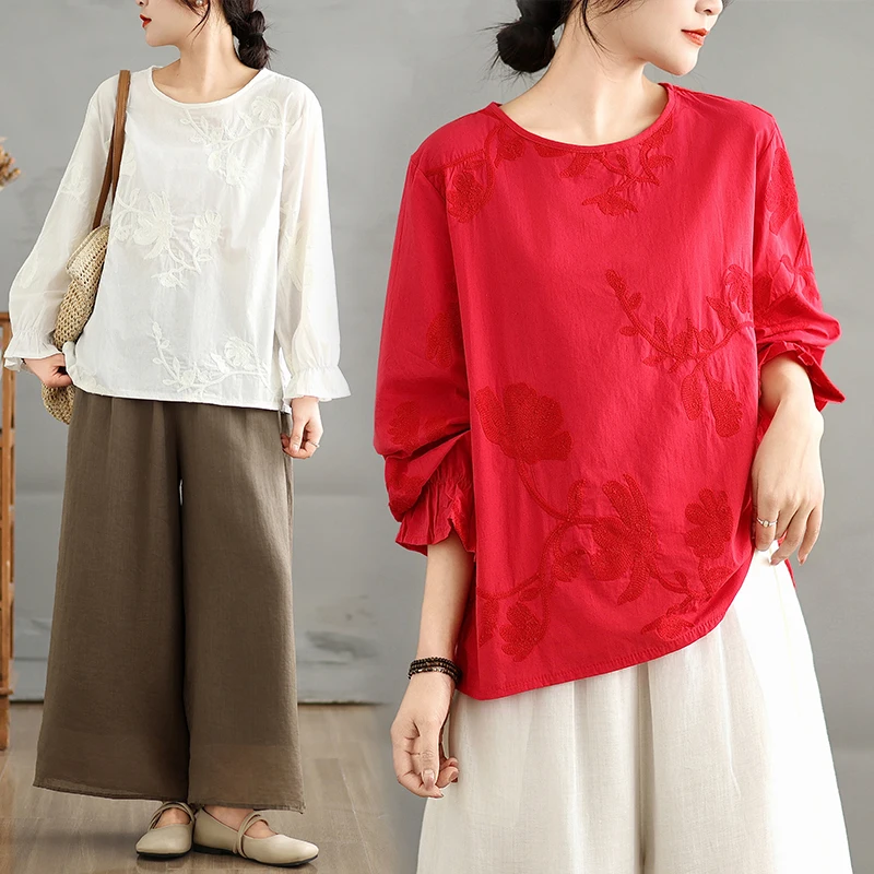 

Ретро Sle Хлопково-льняной вышивкой Свободный крой круглый Ne Long Sve Большой размер Художественный irt Женский цвет